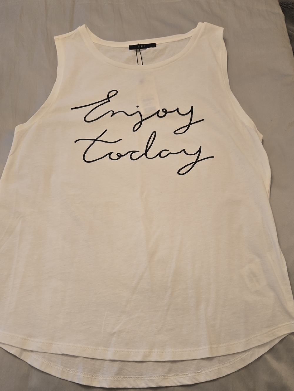 SET Active White Tank Top with Black Script "Enjoy Today"